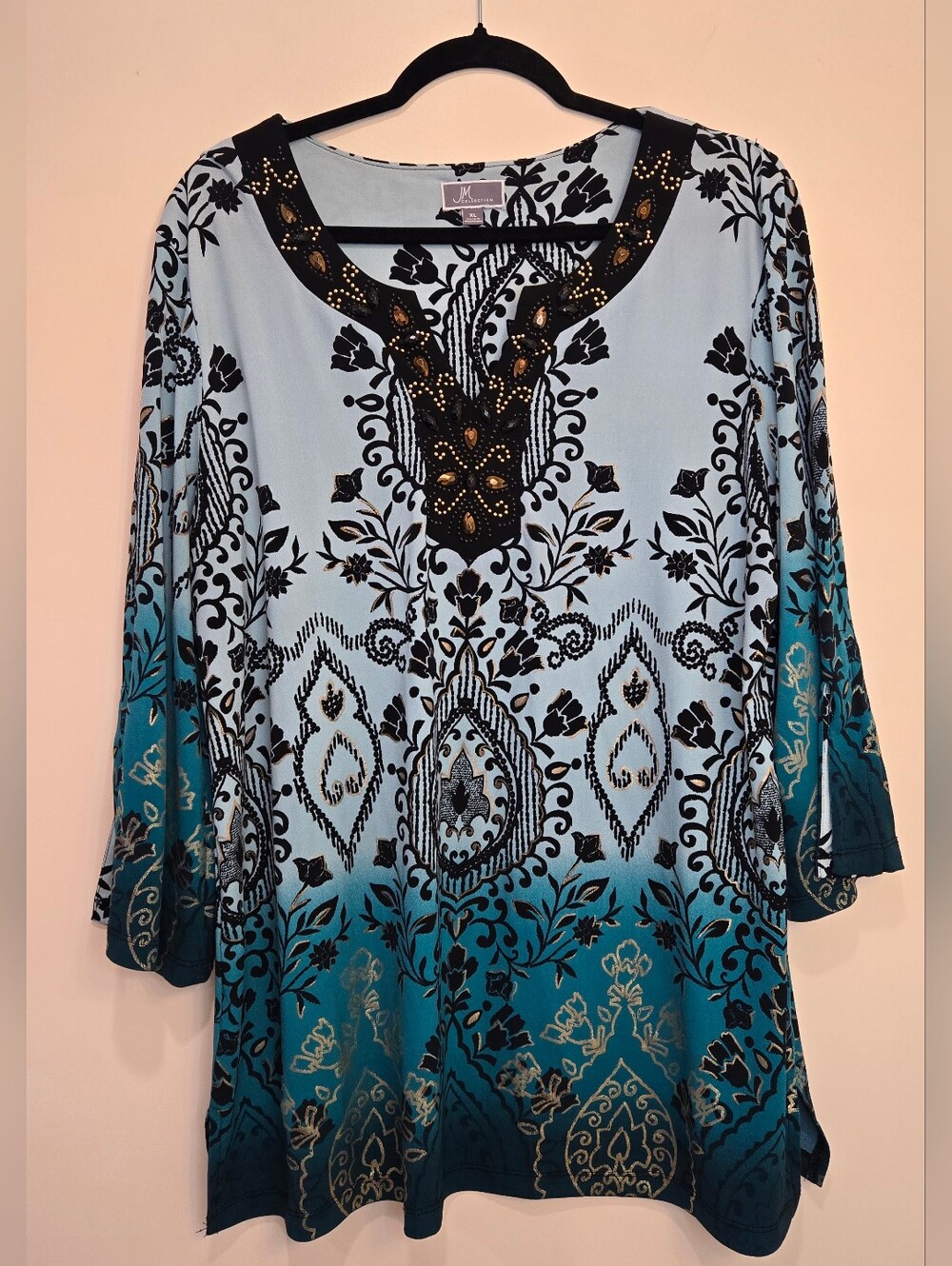 JM Collection Teal and Black Decorative V-Neck Tunic XL